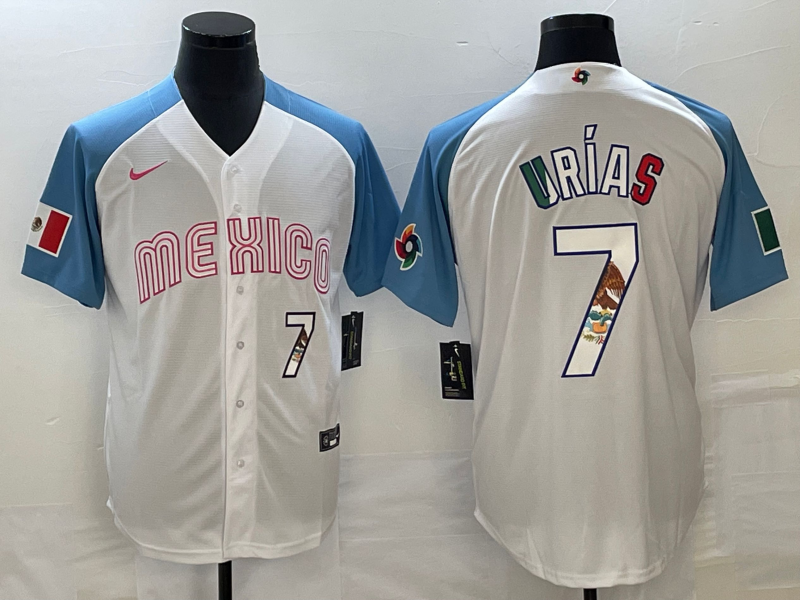 Men's Mexico Baseball #7 Julio Ur??as 2023 White Blue World Baseball Classic With Patch Stitched Jersey